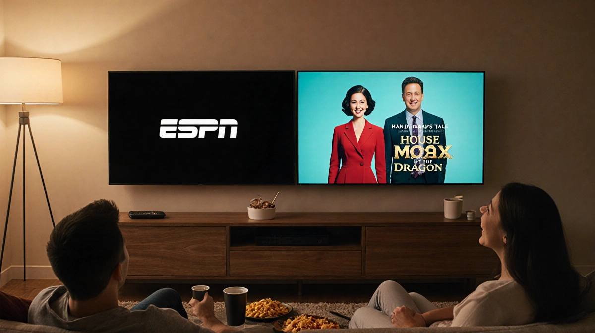 Family watching multiple streaming services together with ESPN and CNN on screens while relaxing on couch