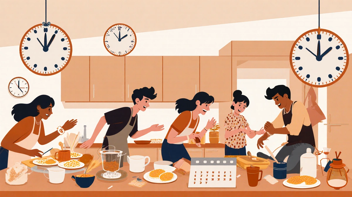 Family members rushing to prepare meals in chaotic kitchen with blurred clocks showing time blindness