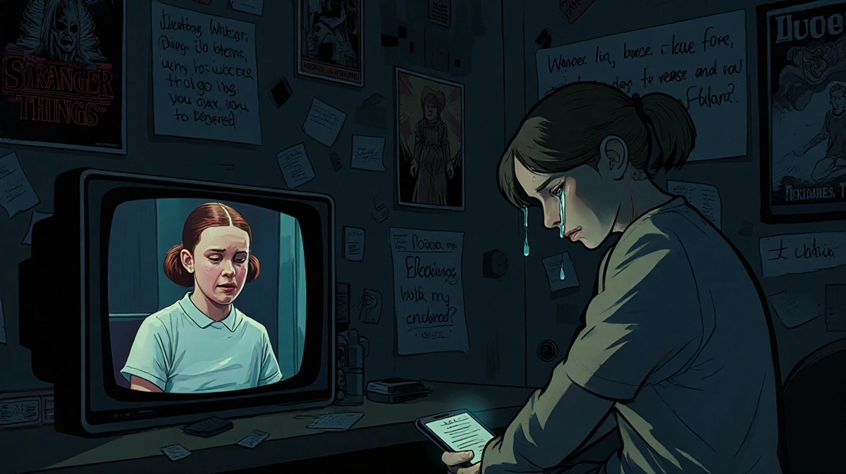 Teen fan crying while watching Eleven's final scene on a glowing TV in a dim room filled with Stranger Things posters and scr