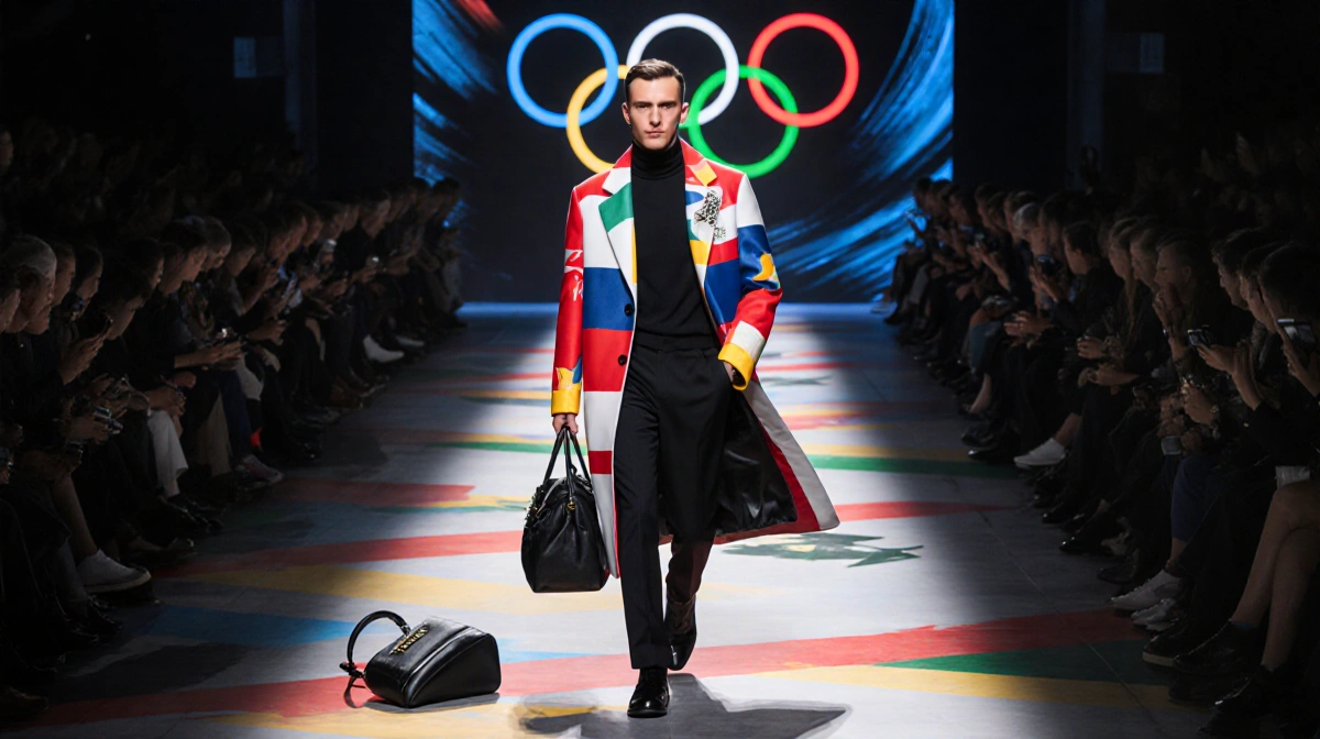 Man struts down fashion runway with vibrant graphics and Olympic rings in background while designer coat stands out with gem
