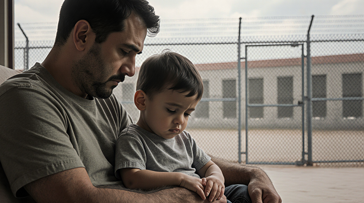 Child holding father's arm with father looking down and blurred detention center fence in background