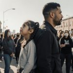 Young girl looks up at her father while they stand back‑to‑back with concerned onlookers and a Minneapolis community backdrop