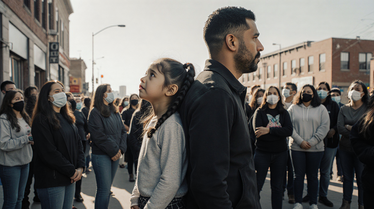Young girl looks up at her father while they stand back‑to‑back with concerned onlookers and a Minneapolis community backdrop