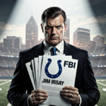 FBI agent holding documents in courtroom with Jim Irsay name and Colts logo under spotlight and Indianapolis skyline behind.