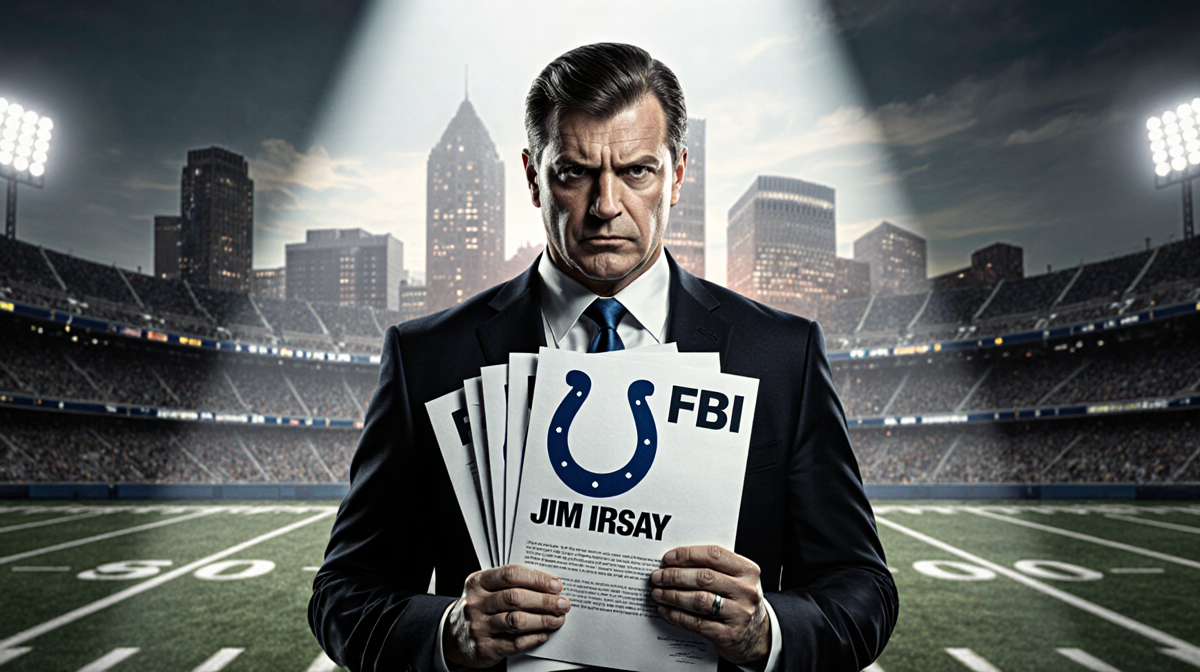 FBI agent holding documents in courtroom with Jim Irsay name and Colts logo under spotlight and Indianapolis skyline behind.