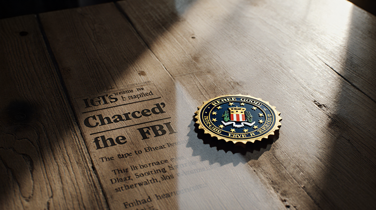 FBI badge lies on worn wooden table with faint news headline reflection and soft natural light