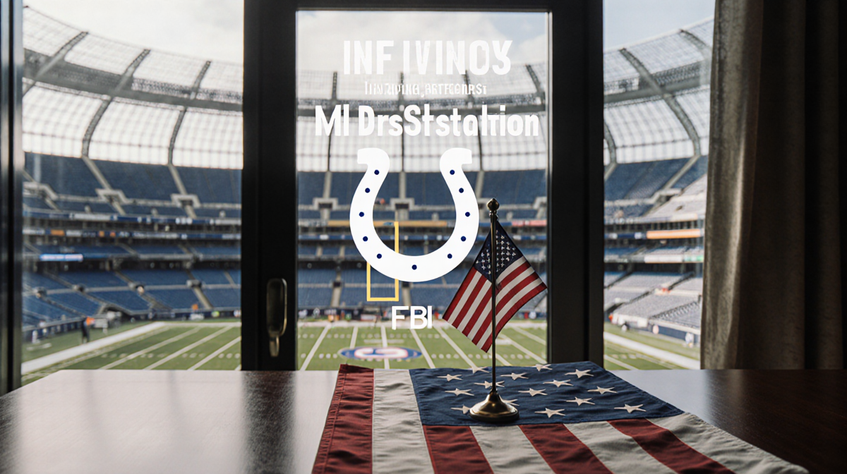 FBI headquarters appears with blurred Colts logo behind and a small American flag draped over a desk, showing investigation.