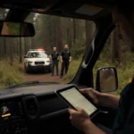 FBI investigator reviewing evidence on tablet near Border Patrol vehicle with Oregon forest in background