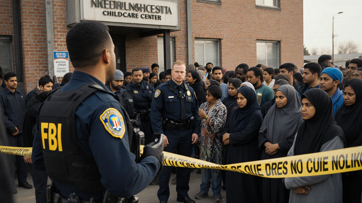 FBI agent standing outside child-care center with yellow police tape and Somali immigrants watching while a phone camera reco