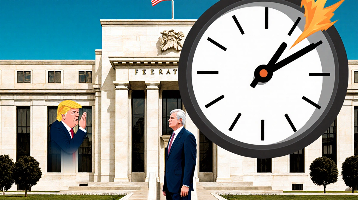 Federal Reserve Chair Jerome Powell stands determined with a large ticking clock pointing toward him and Trump's distant silh