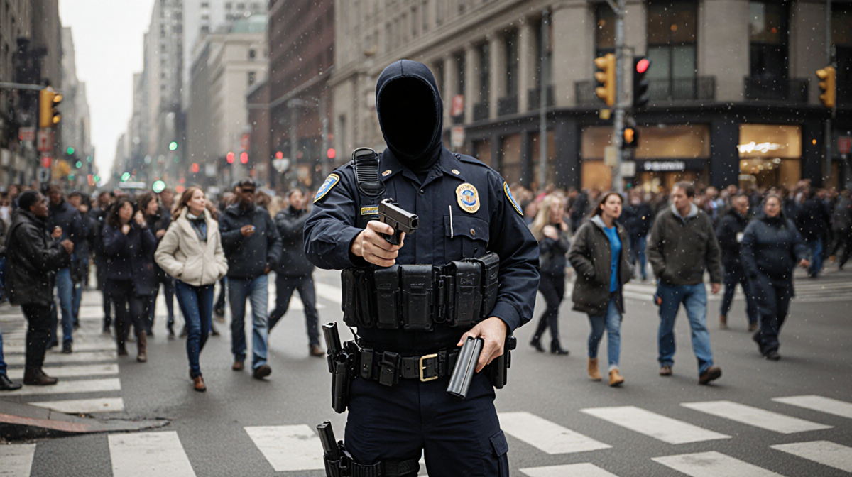 Federal agent with face obscured holding handgun at intersection with magazines in hand and blurred crowd in background