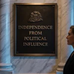 Woman stands before bronze plaque reading Independence from Political Influence with marble columns and soft blue lighting