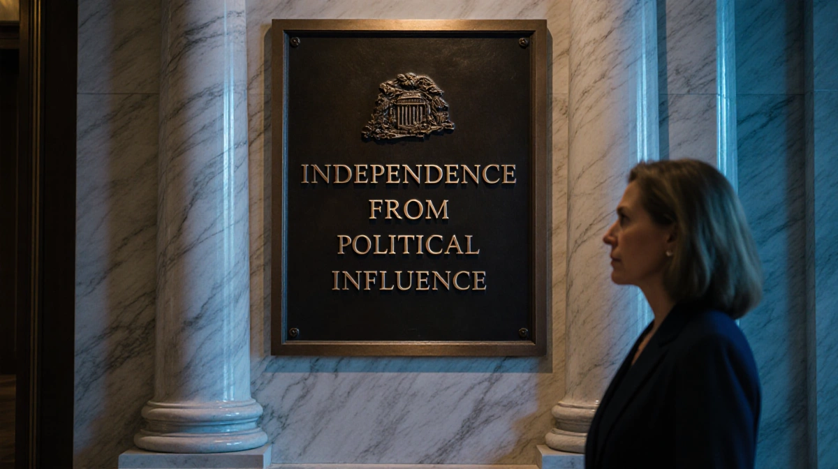 Woman stands before bronze plaque reading Independence from Political Influence with marble columns and soft blue lighting