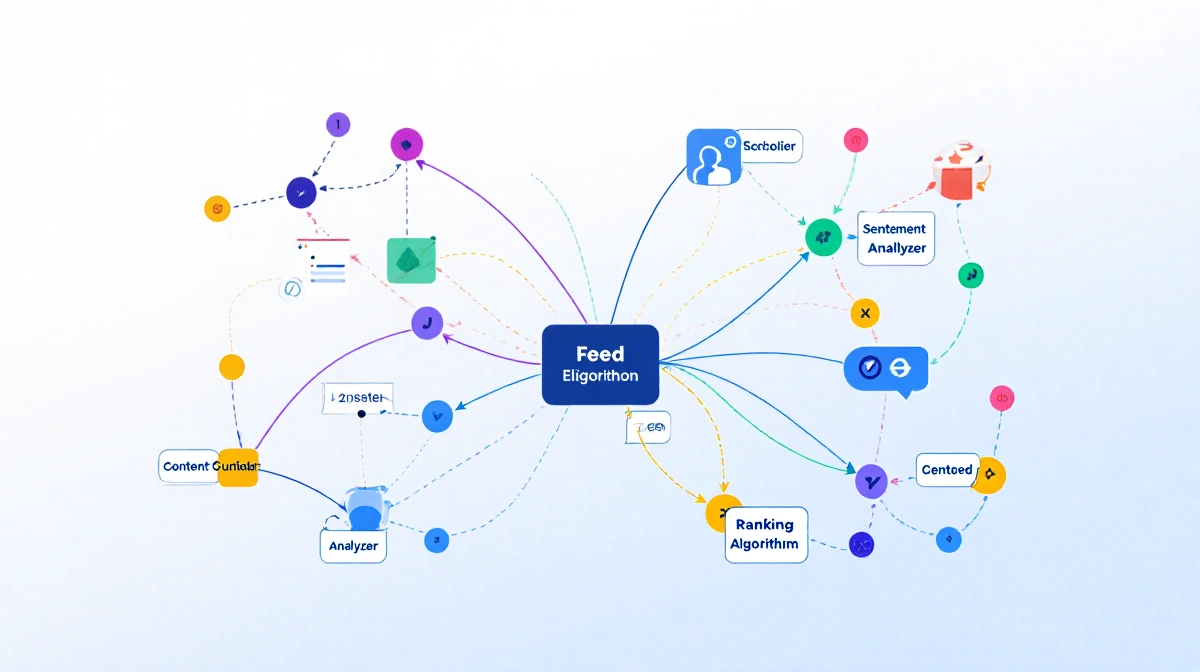Diagram shows a network of nodes and arrows with gradient labels for content curator sentiment analyzer ranking algorithm