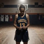 Female athlete standing alone on worn basketball court with spotlight on her face and faded jerseys on wall