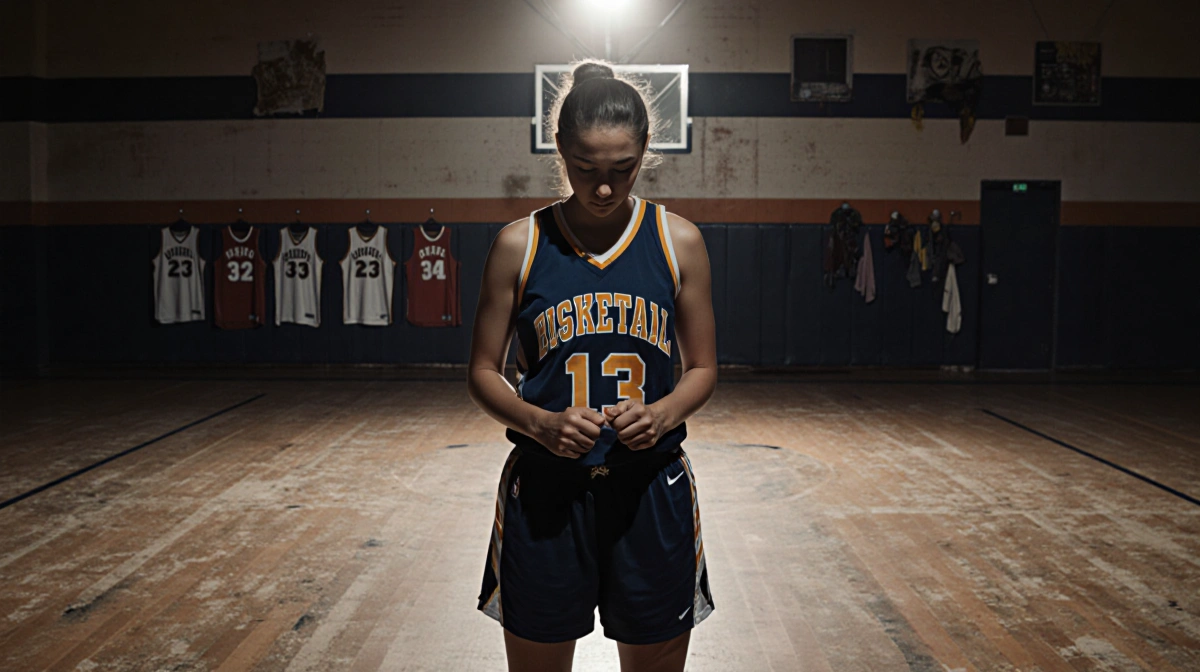 Female athlete standing alone on worn basketball court with spotlight on her face and faded jerseys on wall