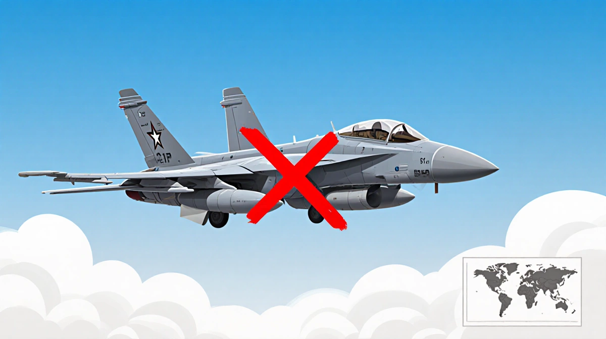 Fighter jet flying through blue sky with red X on wings and clouds showing airspace closure