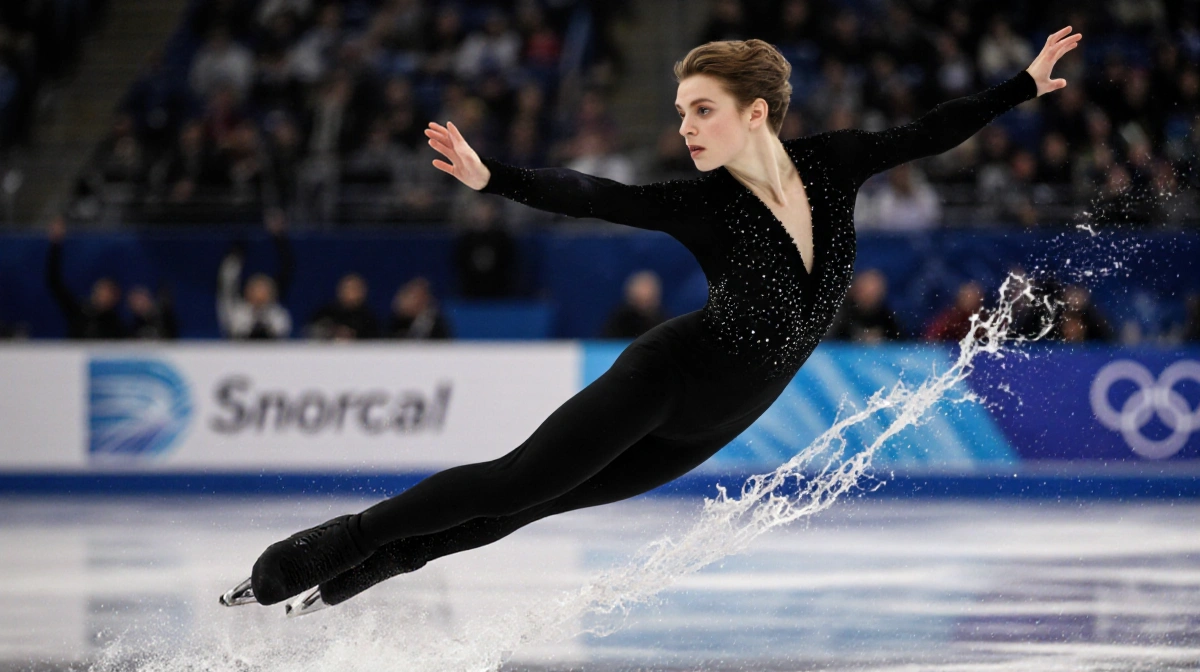 Figure skater performs quadruple axel jump with arms outstretched and ice spray trailing behind