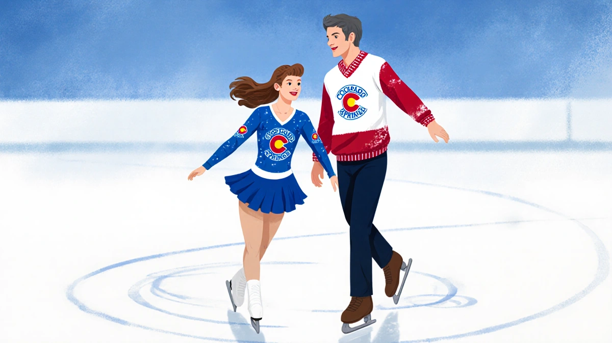 Two figure skaters stand together on ice wearing Colorado Springs team colors with blue white and red jerseys showing their p