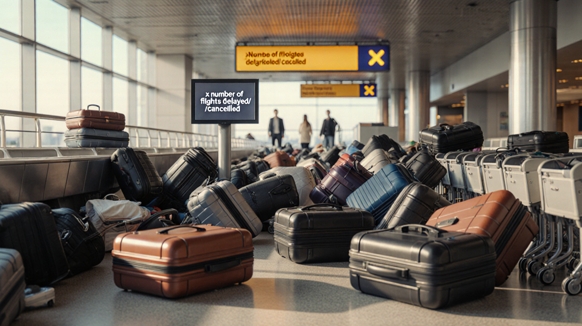 Travelers navigating chaotic airport hallway with scattered luggage and a bright delay announcement banner.