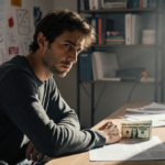 Alex Honnold sits at a desk with a small stack of bills and a Netflix contract underpayment disappointment with natural light