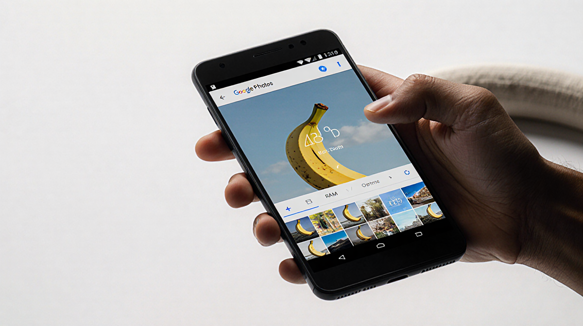 Android smartphone displays Google Photos editing interface with RAM 4GB and Nano Banana model