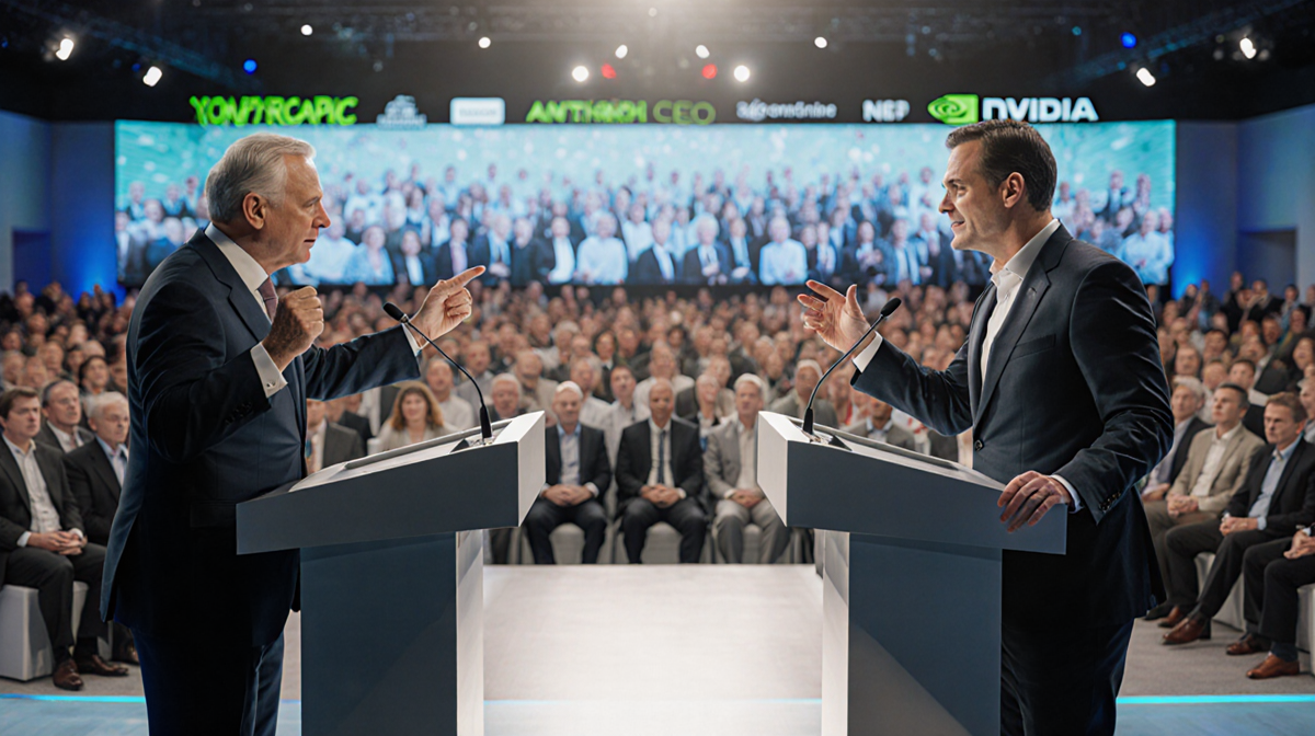 Two CEOs delivering speeches with emphatic gestures and tense expressions near opposing podiums in a conference hall