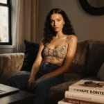 Aydan sits on couch with laptop and design books while light illuminates her face and a mirror reflects Gigi and Bella Hadid