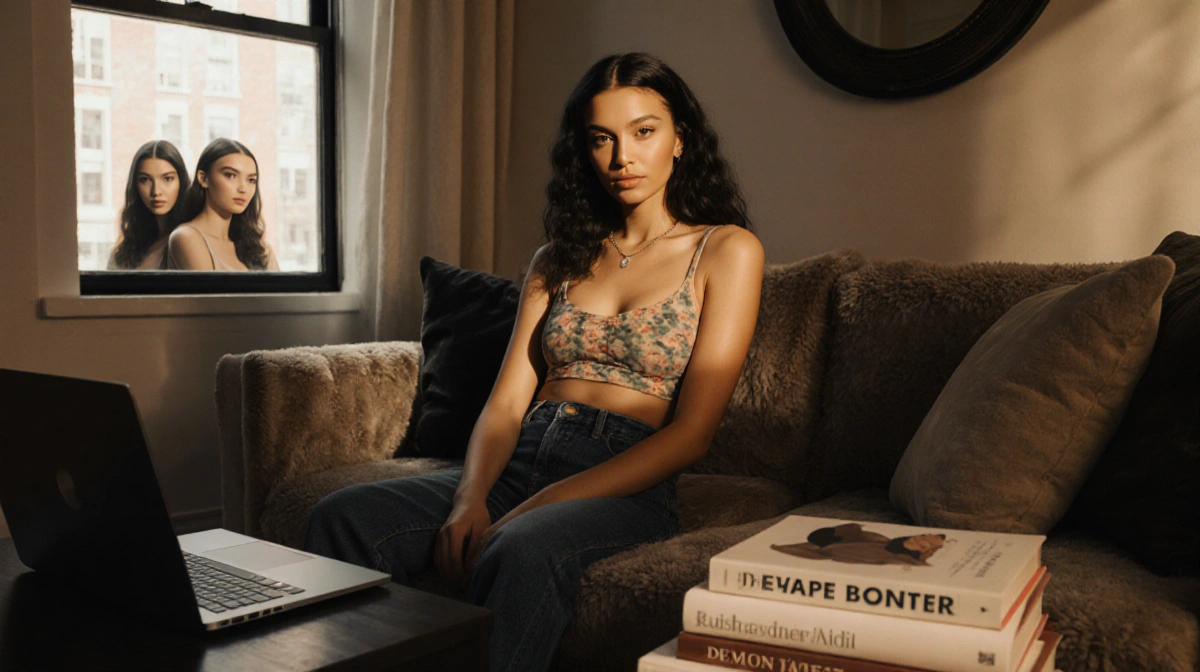 Aydan sits on couch with laptop and design books while light illuminates her face and a mirror reflects Gigi and Bella Hadid