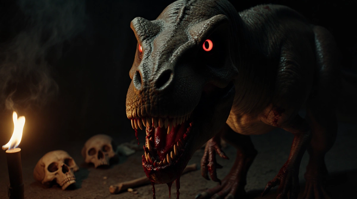 Bloody humanoid dinosaur dripping blood with glowing red eyes in a dark cave.