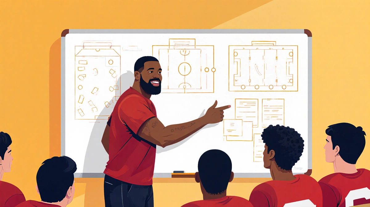 Brandon Graham coaching in front of a whiteboard with chalk game plans and gesturing to teammates