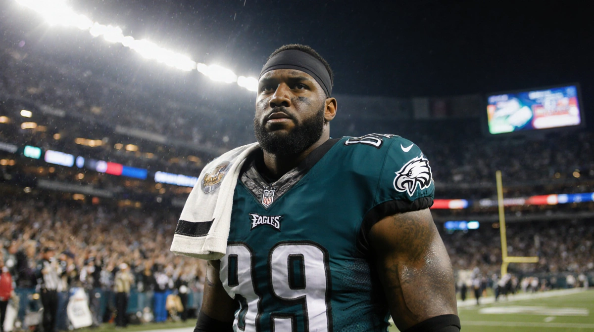 Brandon Graham standing with Eagles jersey draped over shoulder facing opponent on football field with stadium lights crowd