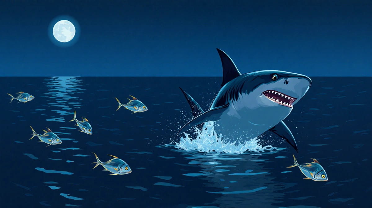 Cookiecutter shark breaches water leaving circular bite on swordfish with sunset glow and ocean depth