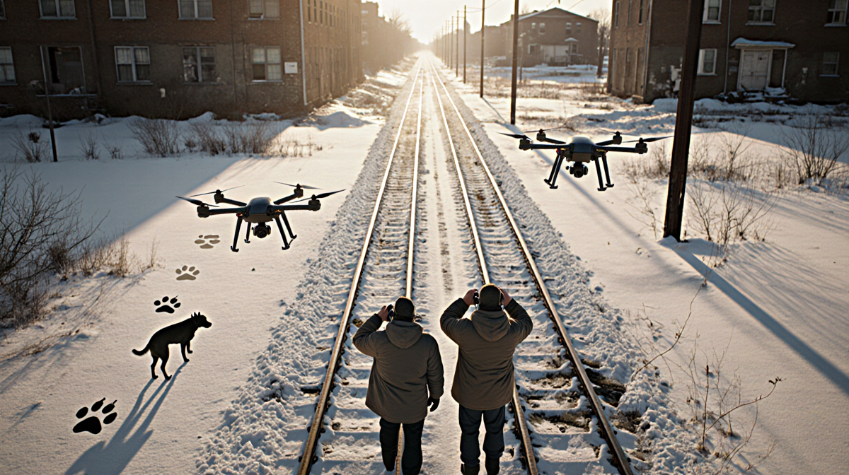 Drones hover above lot with railroad tracks and snow near people in winter parkas scanning ground search for missing dog