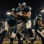 Eagles defense tackling Josh Allen with golden lights and a Lincoln Financial Field crowd