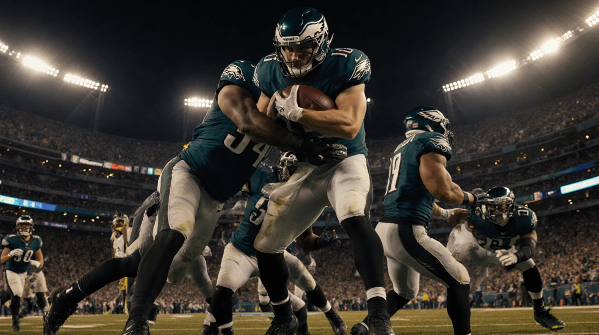 Eagles defense tackling Josh Allen with golden lights and a Lincoln Financial Field crowd