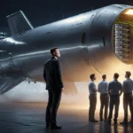 Elon Musk standing beside sleek Tesla rocket with open payload bay revealing humming servers and engineers watching