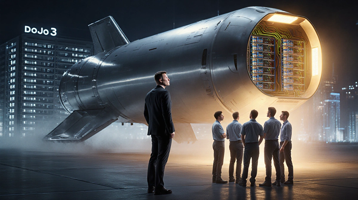 Elon Musk standing beside sleek Tesla rocket with open payload bay revealing humming servers and engineers watching