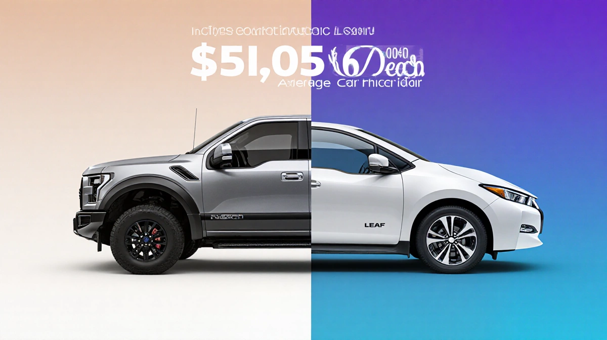 Ford plug-in pickup and Nissan Leaf stand side by side with minimal interior on Ford and premium electric design on Nissan.