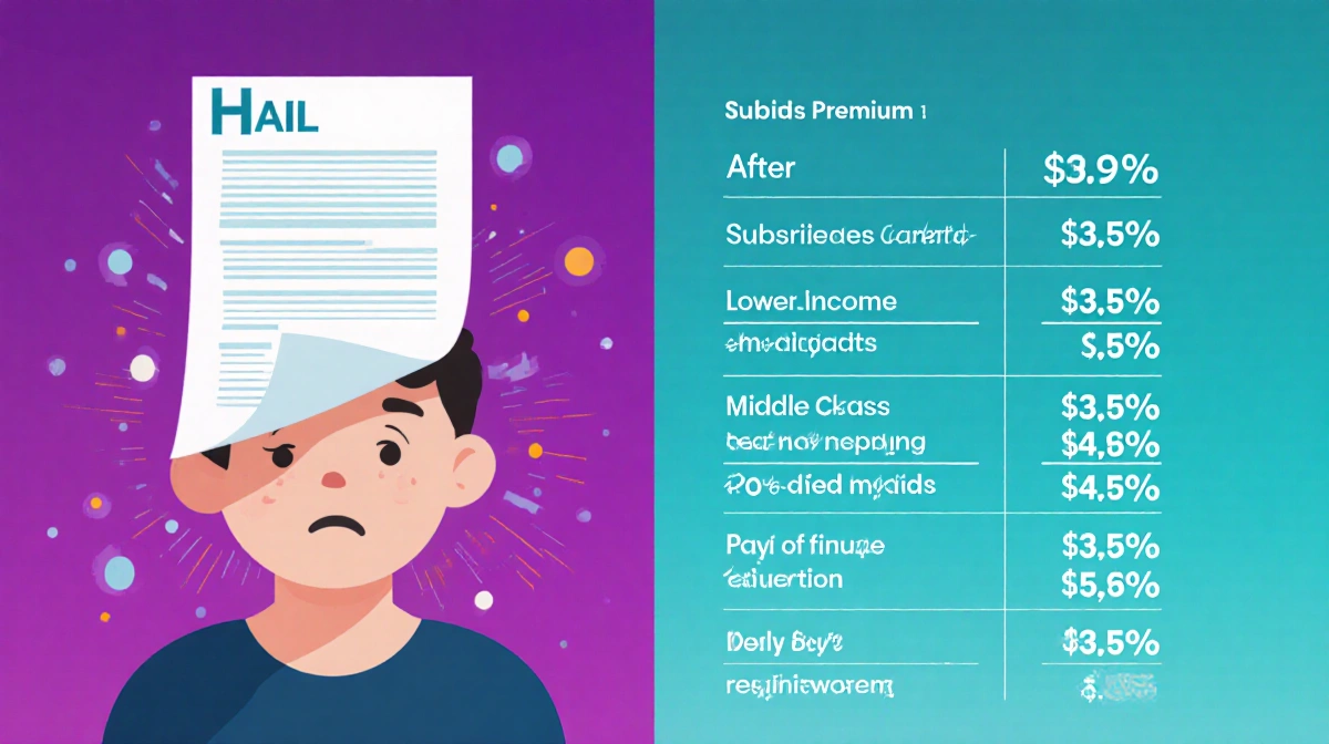 Person struggles to pay health premiums bill looming while split-screen shows lower-income free and middle class pay 8.5%.