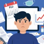 Person reviewing flu vaccination documents on tablet with concerned expression and scattered brochures in background