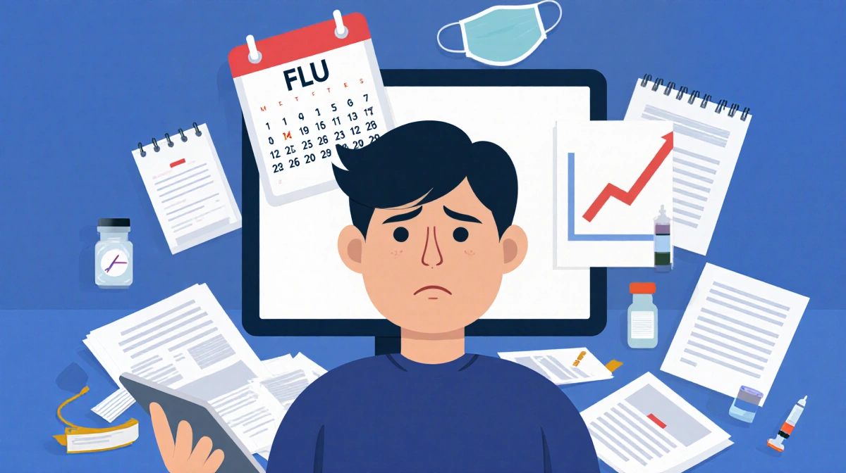 Person reviewing flu vaccination documents on tablet with concerned expression and scattered brochures in background