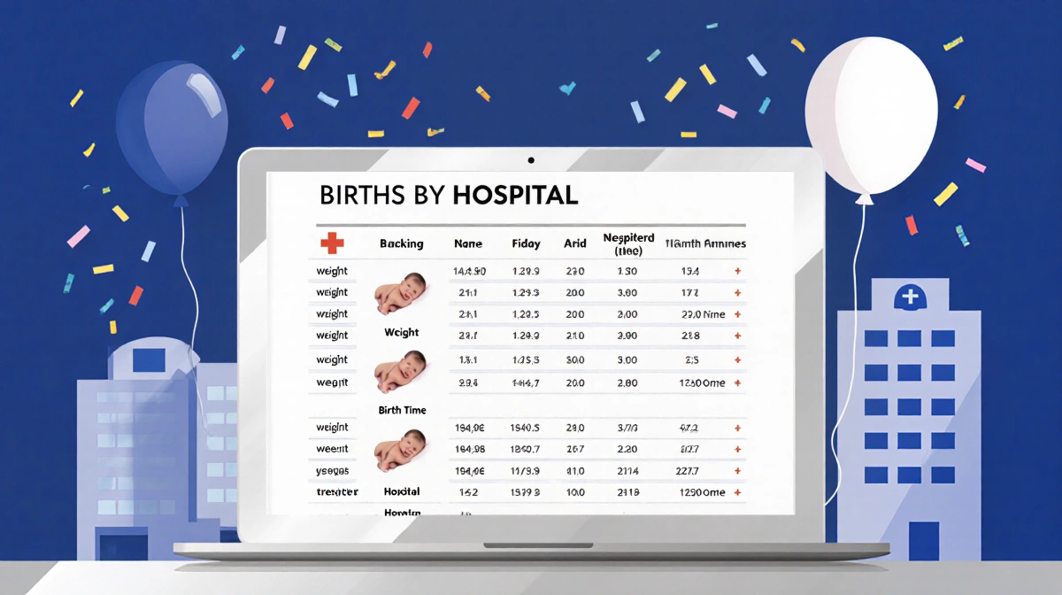 Hospital data table with silver surface showing newborn profiles on a tablet and balloons for New Year's celebration