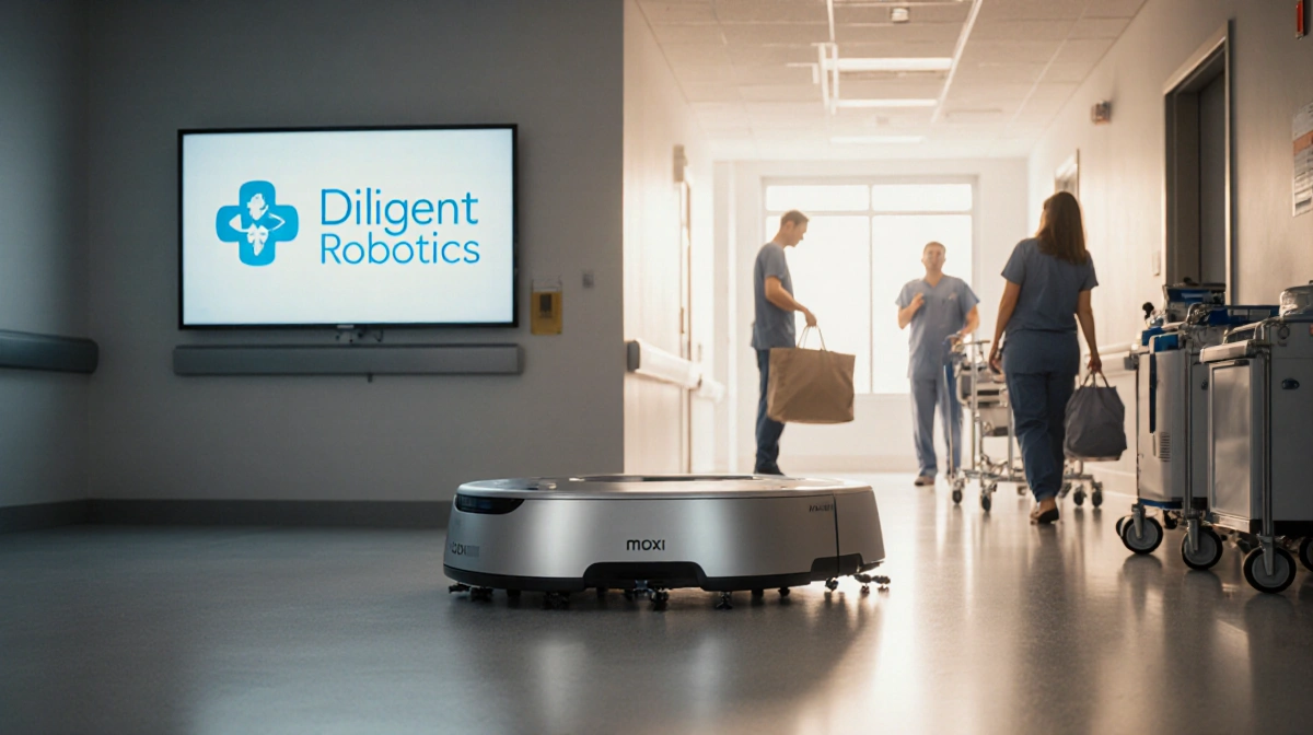 Silver Moxi robot navigating hospital corridor carrying patient bag with staff testing robots and Diligent Robotics logo near