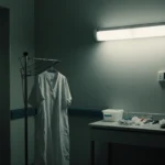 White hospital gown hanging on drying rack with flickering fluorescent light and scattered medical tools on counter