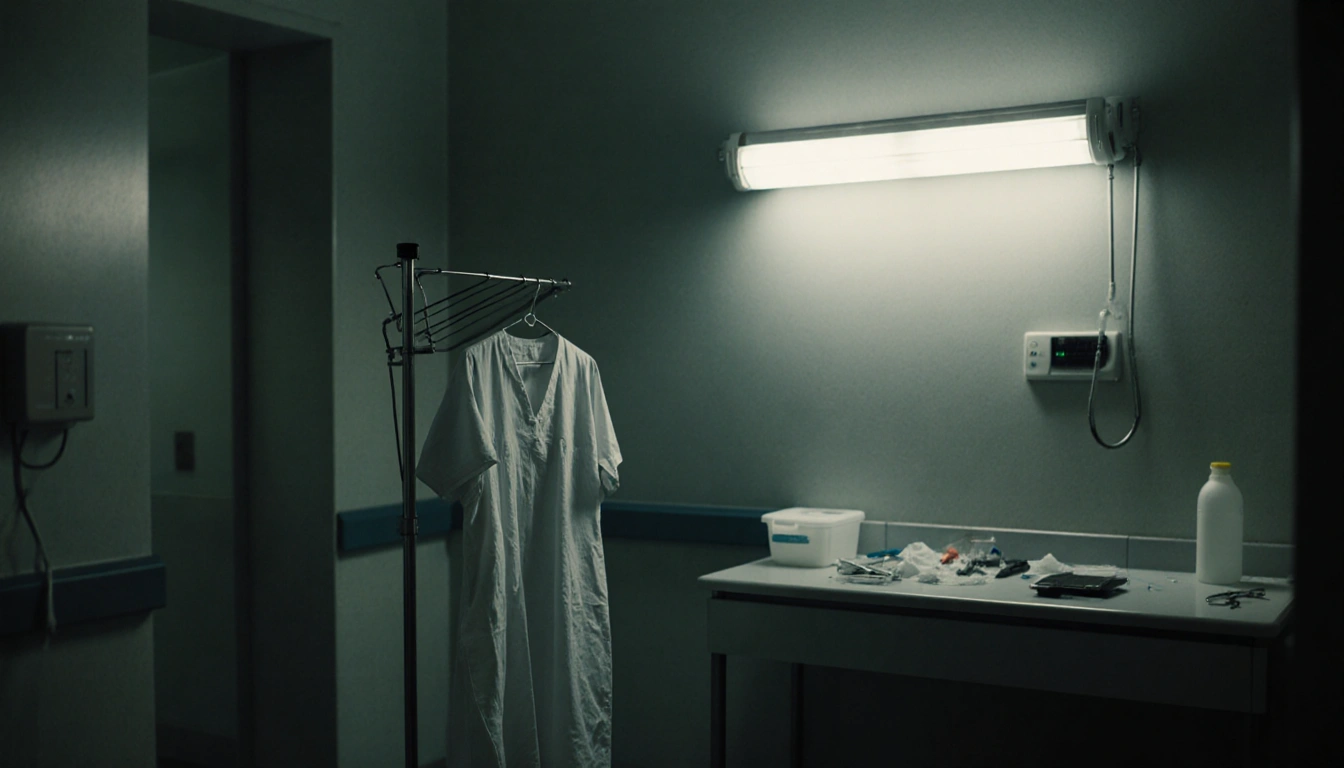 White hospital gown hanging on drying rack with flickering fluorescent light and scattered medical tools on counter