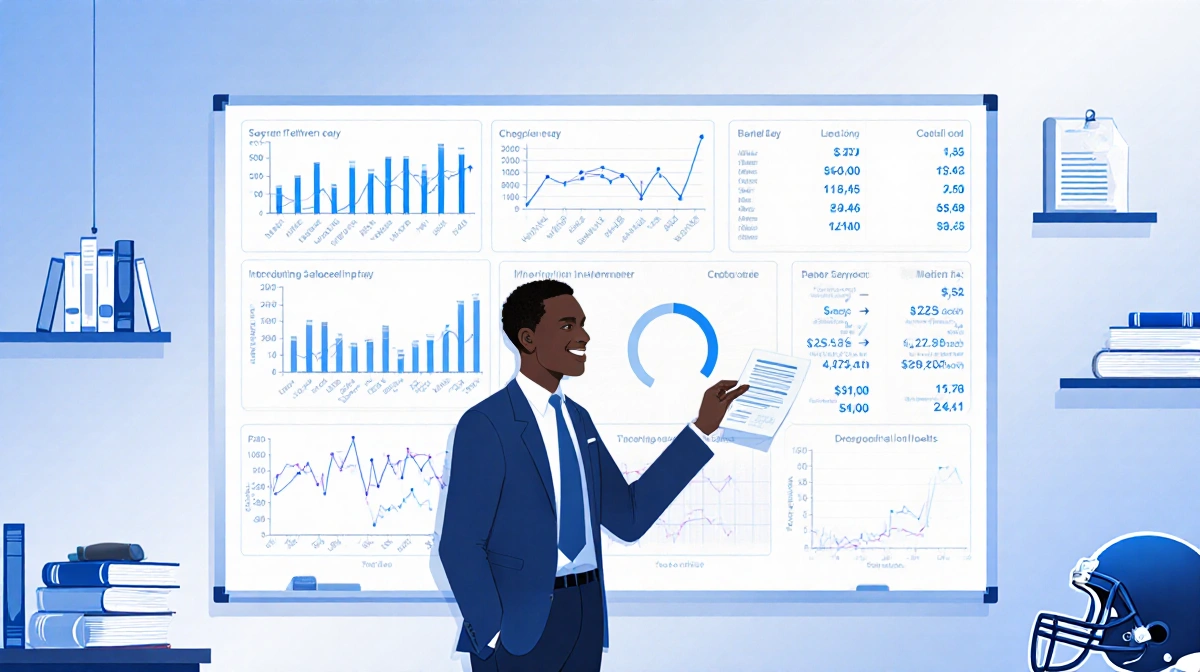 Johnson Bademosi reviewing a whiteboard of football stats and finance data with a helmet and corporate books nearby