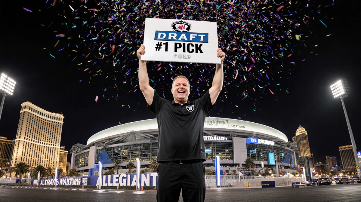 Raiders coach holding giant 2026 NFL Draft #1 Pick sign with stadium lights on and confetti-filled sky over Las Vegas.