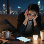 Person sits on couch with coffee cups and pizza boxes while scrolling sleep tracker app on tablet against night cityscape