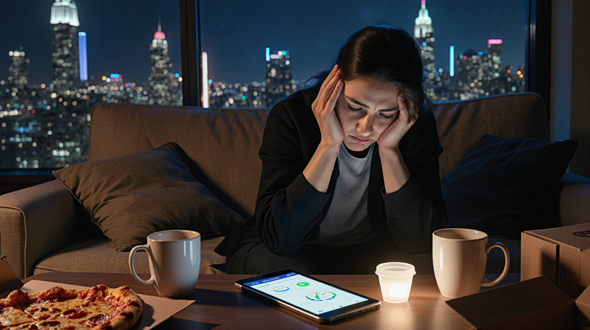 Person sits on couch with coffee cups and pizza boxes while scrolling sleep tracker app on tablet against night cityscape
